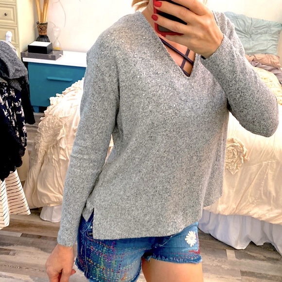 Zara Heather Grey Knit Long Sleeve V-Neck Sweater Top Pullover Sz. S black label - Picture 4 of 13